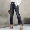 thumbnail image 4 of LWavelet Women High Waisted Cropped Straight Jeans Khaki Washed Distressed Frayed Hem Denim Pants Casual Streetwear Trousers Dark Blue L, 4 of 5