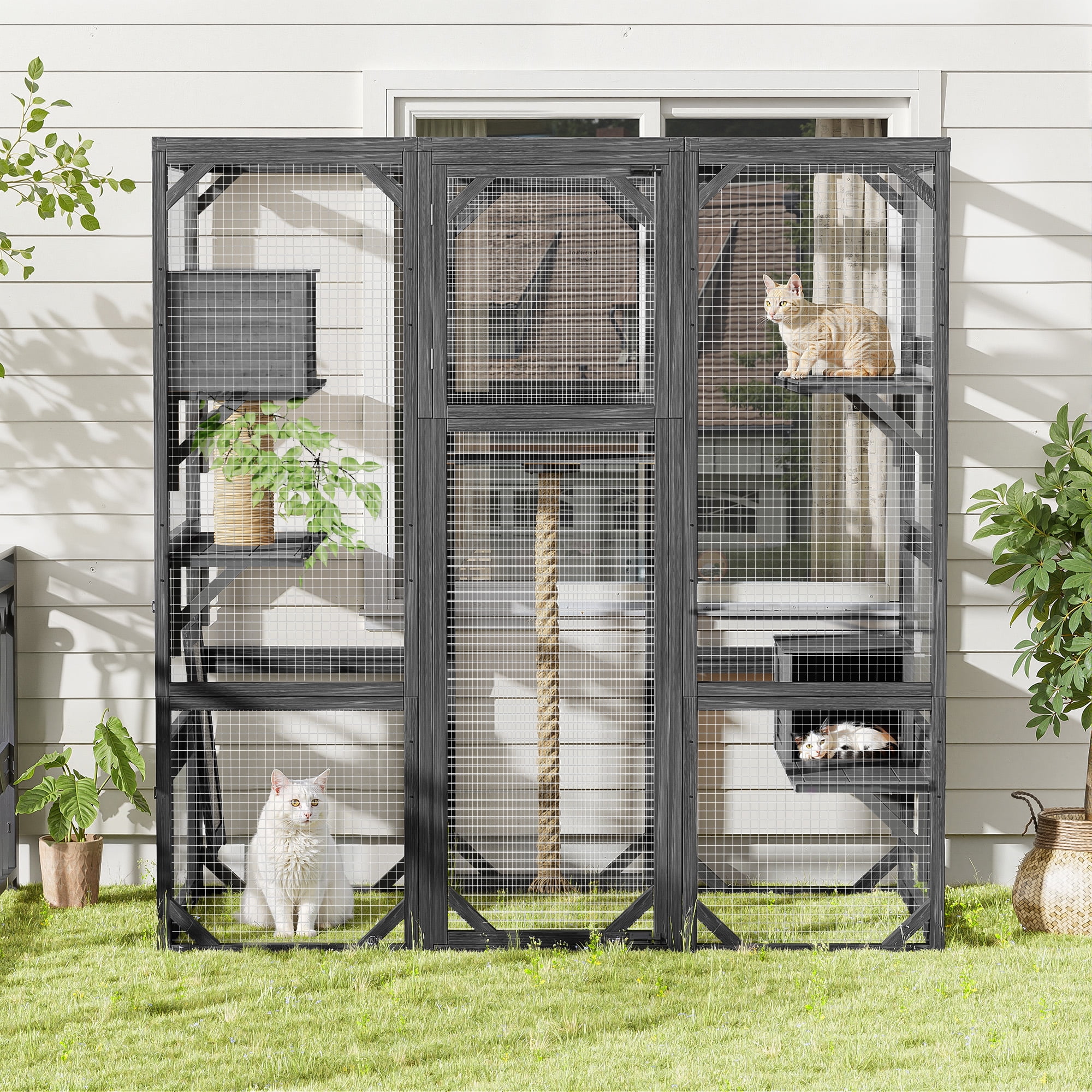Euroco Large Outdoor Cat Enclosure with Sleeping Houses, Climbing Platforms, and Scratching Posts