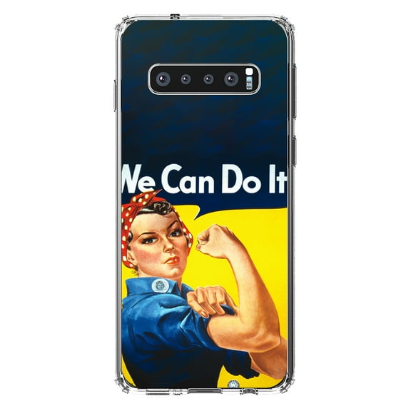 DistinctInk Clear Shockproof Hybrid Case for Samsung Galaxy S10  PLUS(6.4" Screen) - TPU Bumper, Acrylic Back, Tempered Glass Screen Protector - Rosie the Riveter