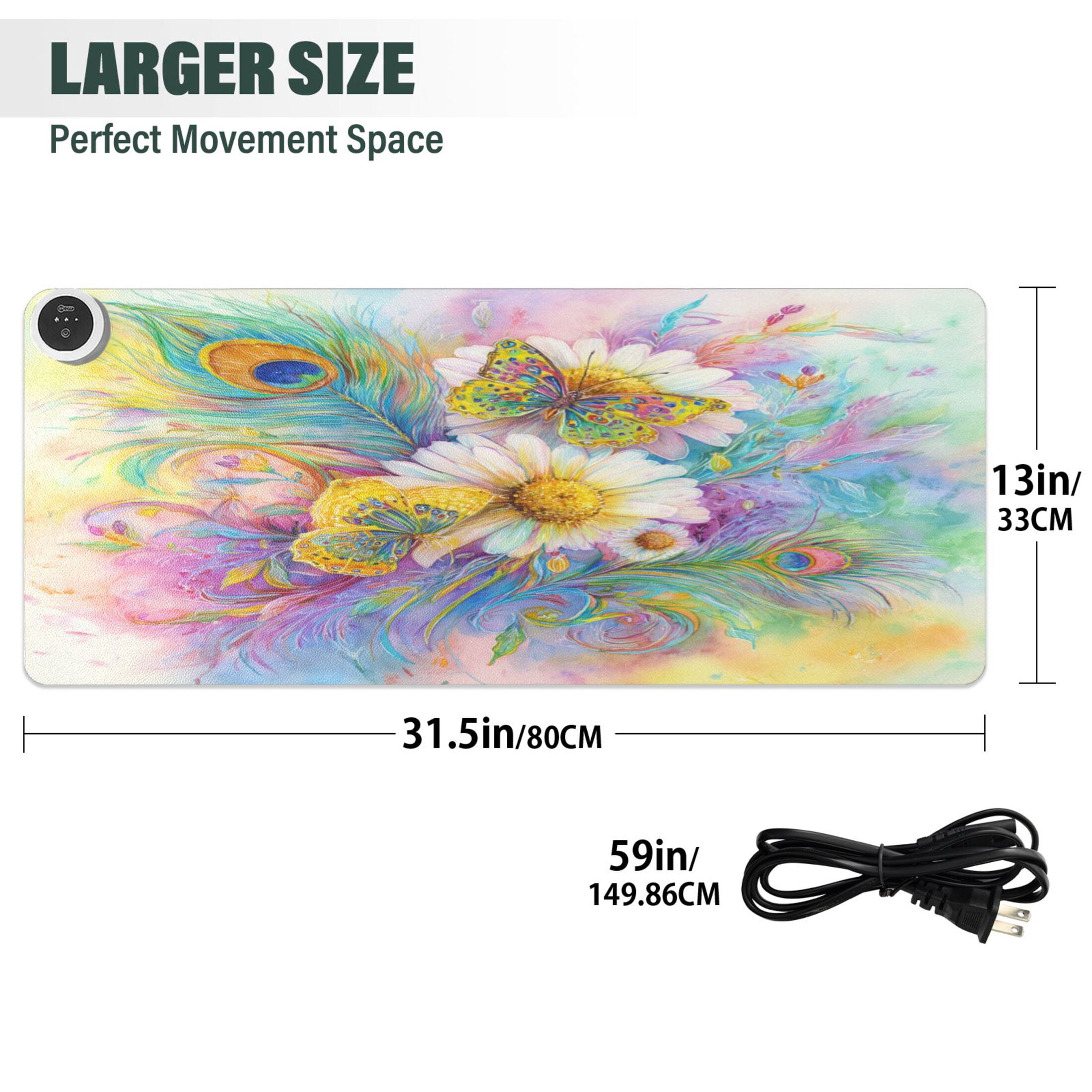 Large Heated Desk Mat Mouse Pad 31.5"x13"PU Leather Graphene Heating Desk Warmer with 3 Temperature Settings 110V US Plug Non-Slip Warm Pad for Home, Office, and Gaming Peacock Feathers Art Pattern