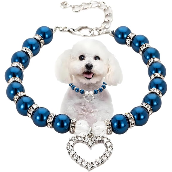 Pearl Necklace with Crystal Rhinestone Heart Pendants, Fancy Cat Wedding Collar Jewelry for Small Medium Large Dogs Puppy