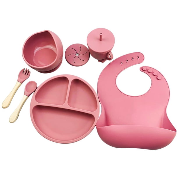 6 Piezas/juego Comida Silicona para Alimentación Bebés Cuenco Arroz Cuchara Babero Plato Cena Cuenco Silicona Con Pajita Aprendizaje Juego Vajilla (rojo Oscuro)