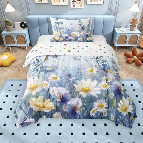 Erosebridal Blue White Floral Twin Comforter Sets for Girls, Dreamy Garden Bedding Set, Polka Dots Reversible, 2pcs
