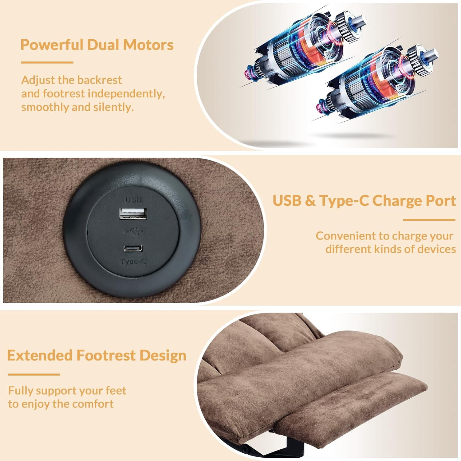 Dual Motor Power Lift Recliner for Big Elderly, Extended Footrest, Large Infinite Position Lay Flat Chair for Living Room with Massage & Heat, Lumbar Pillow, USB & Type-C Ports, Plush-Brown