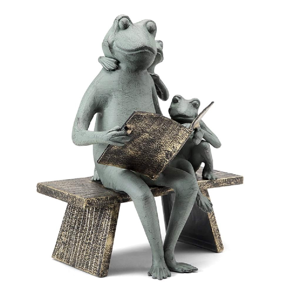 Reading Frog Verdigris Green Metal Family Garden Sculpture