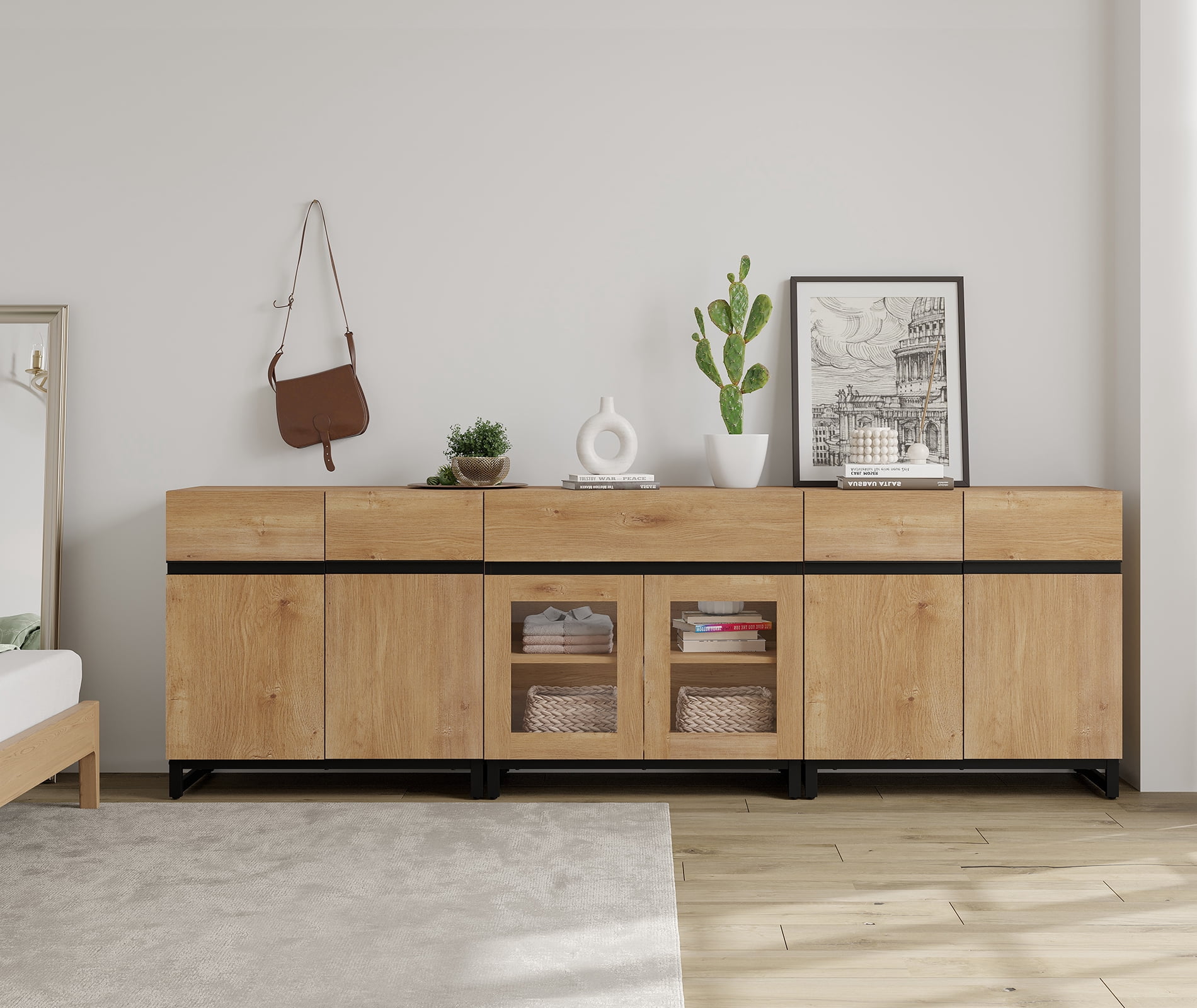 3 In 1 Modern Dresser with Glass Doors, Adjustable Shelves and Drawer, Metal Base Storage Cabinet, Multifunctional Chest Of Drawers for Bedroom Home Storage,Oak