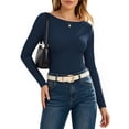 thumbnail image 3 of MOYIKO Boat Neck Long Sleeve Shirt for Woman Slim Fitted T Shirts Basic Ribbed Knit Navy Blue Tees Tight Tops, 3 of 7