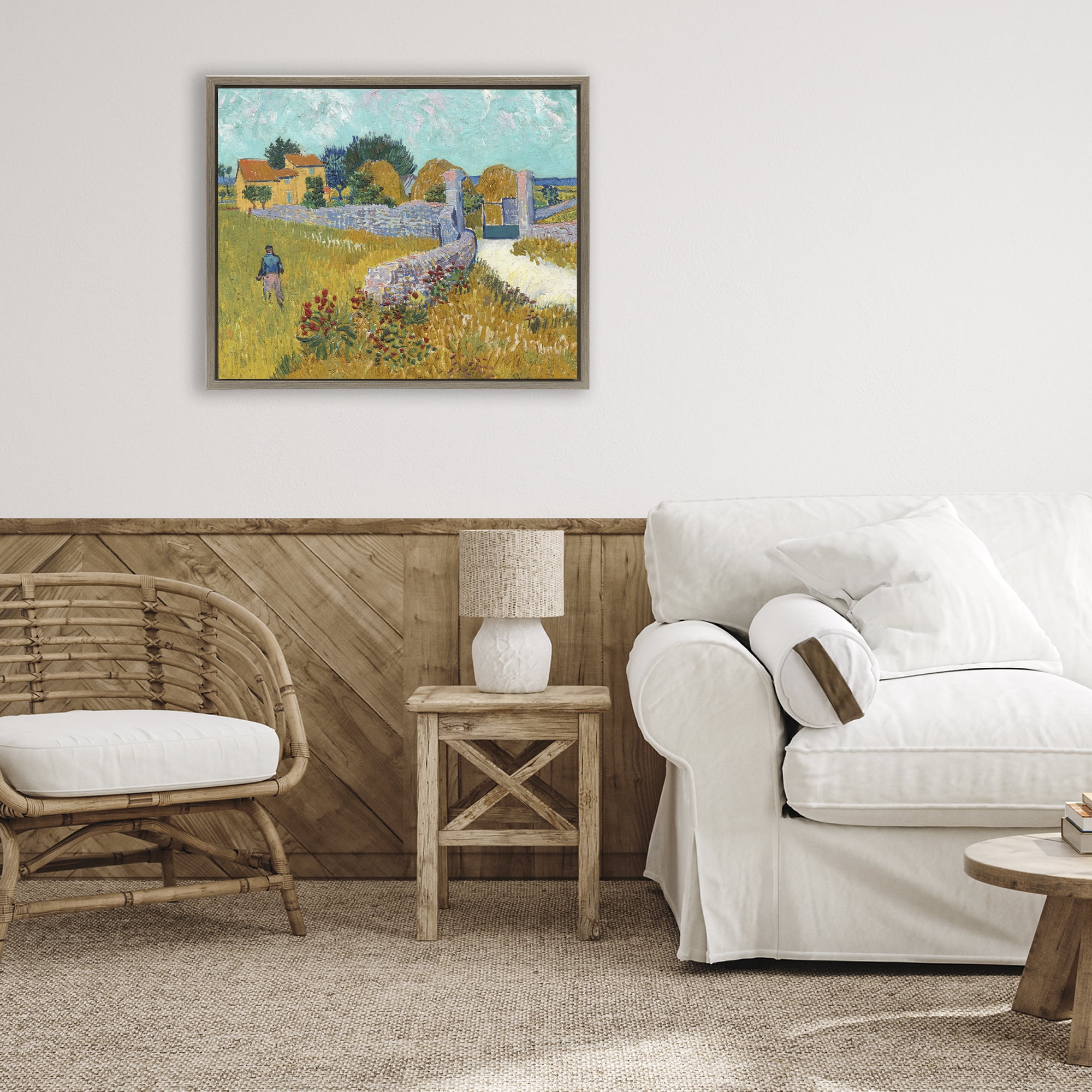 Stupell Industries Farmhouse In Provence Brown Framed Floater Canvas Wall Art, design by Vincent Van Gogh