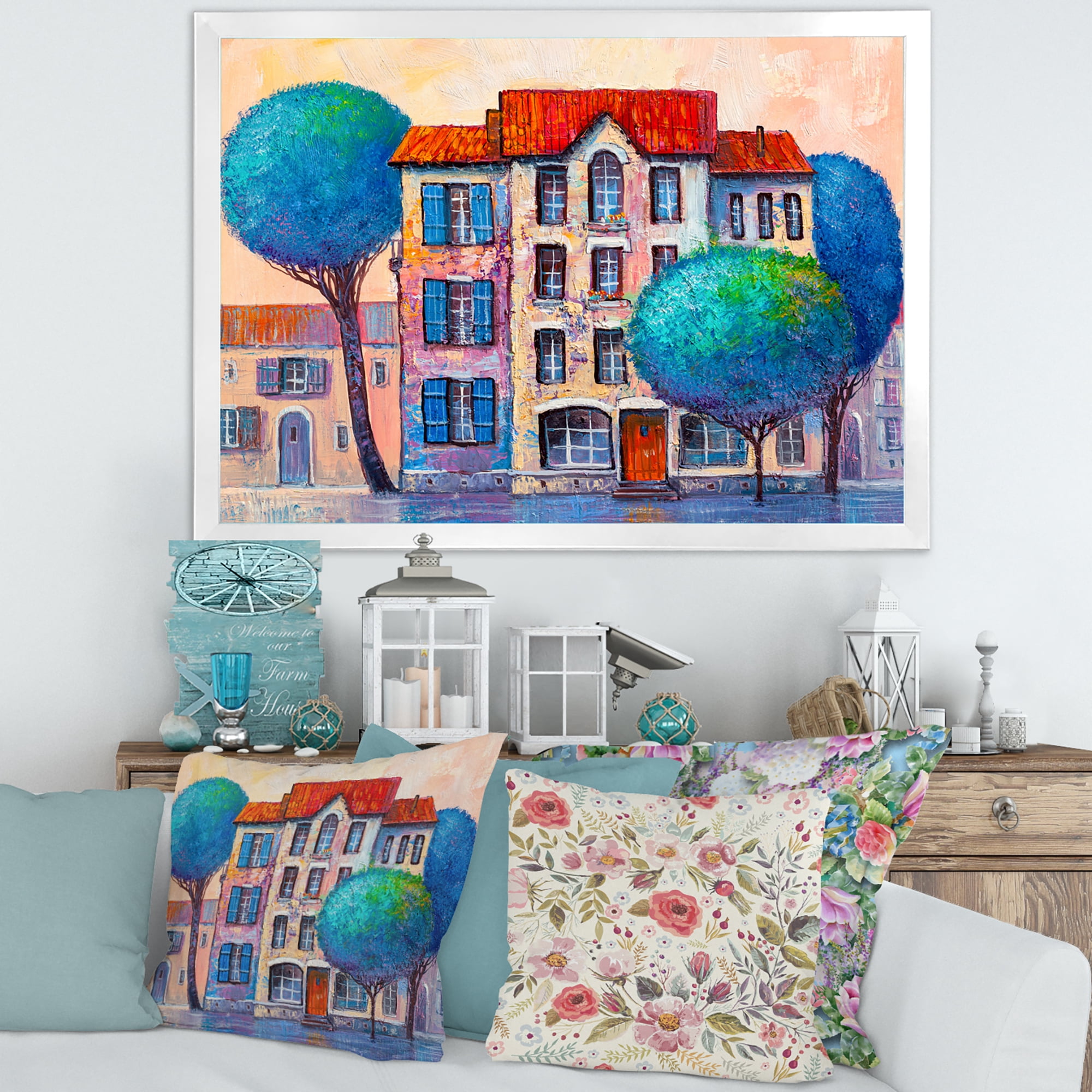 Designart 'Colorful Autumn Trees and A House With Red Roof' Modern Framed Art Print