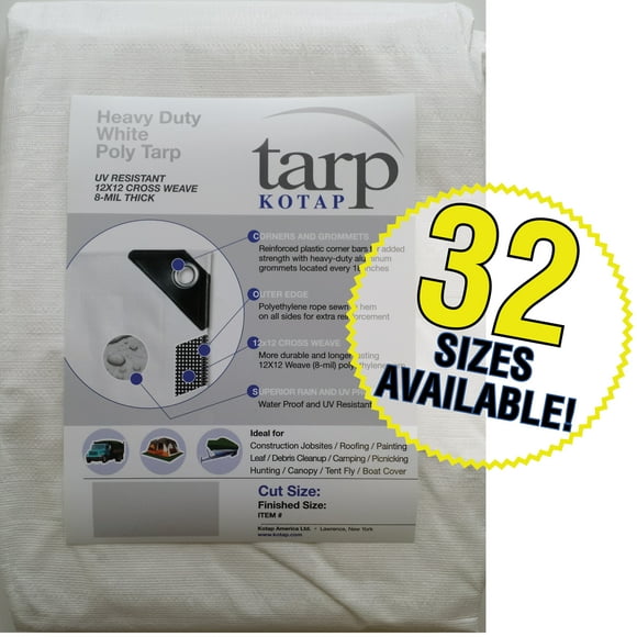 Kotap TRW-2020 Heavy-Duty 8-mil Poly Tarp with UV Protection, 20 ft. X 20 ft, White