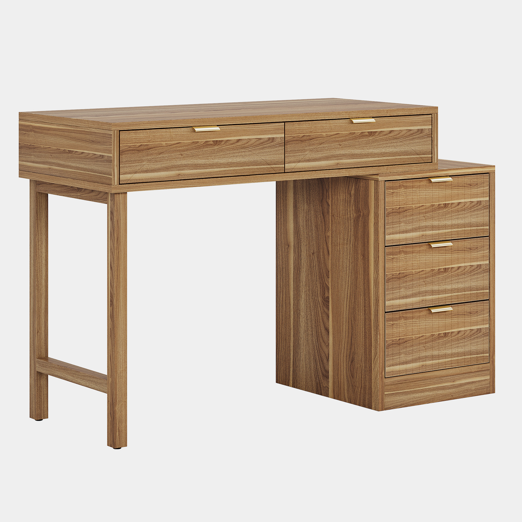 Fnova Reversible Computer Desk with 5 Large Drawers, 39.37" Home Office Writing Desk, Vanity Desk, Brown