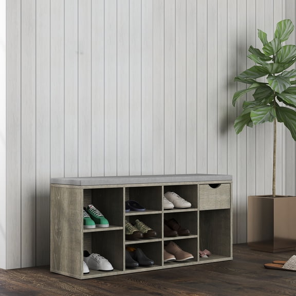 Xukmct Upholstered Seat Storage Bench with 1 Drawer and 9 Open Shelf, Wood Shoe Rack for Entryway, Living Room