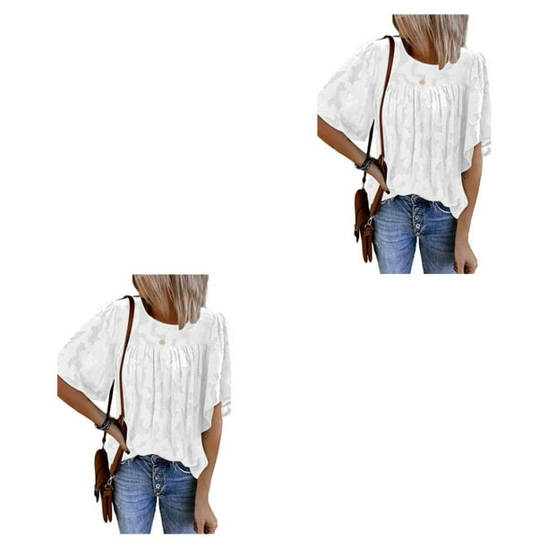 Qarigey Camisa de media manga con volantes elegante blusa de encaje fresca viaje cumpleaños verano primavera ropa mujer Tops Accesorios Type3 NO3