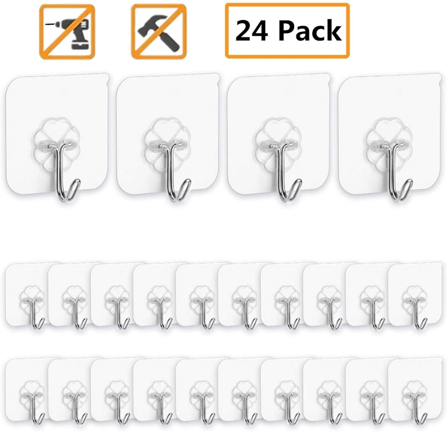 NeatEasy Wall Hooks (16 Count), Reusable Transparent Seamless Wall Hooks for Hanging, Hooks Heavy Duty 13lb (Max), Waterproof Shower Hooks, Adhesive
