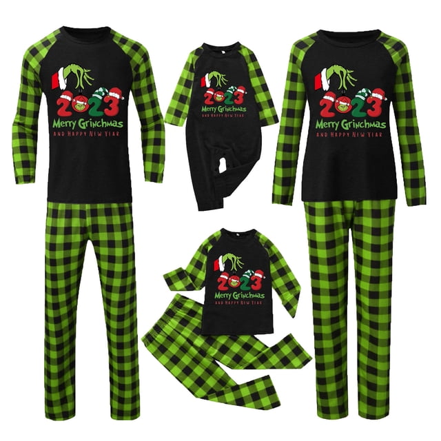 Conjuntos de pijamas navideños familiares a juego Grinch 2024, pijama de Grinch con parte superior y pantalones de pijama a cuadros, pijama de Grinch para niños y adultos para la familia, Mujer XXL