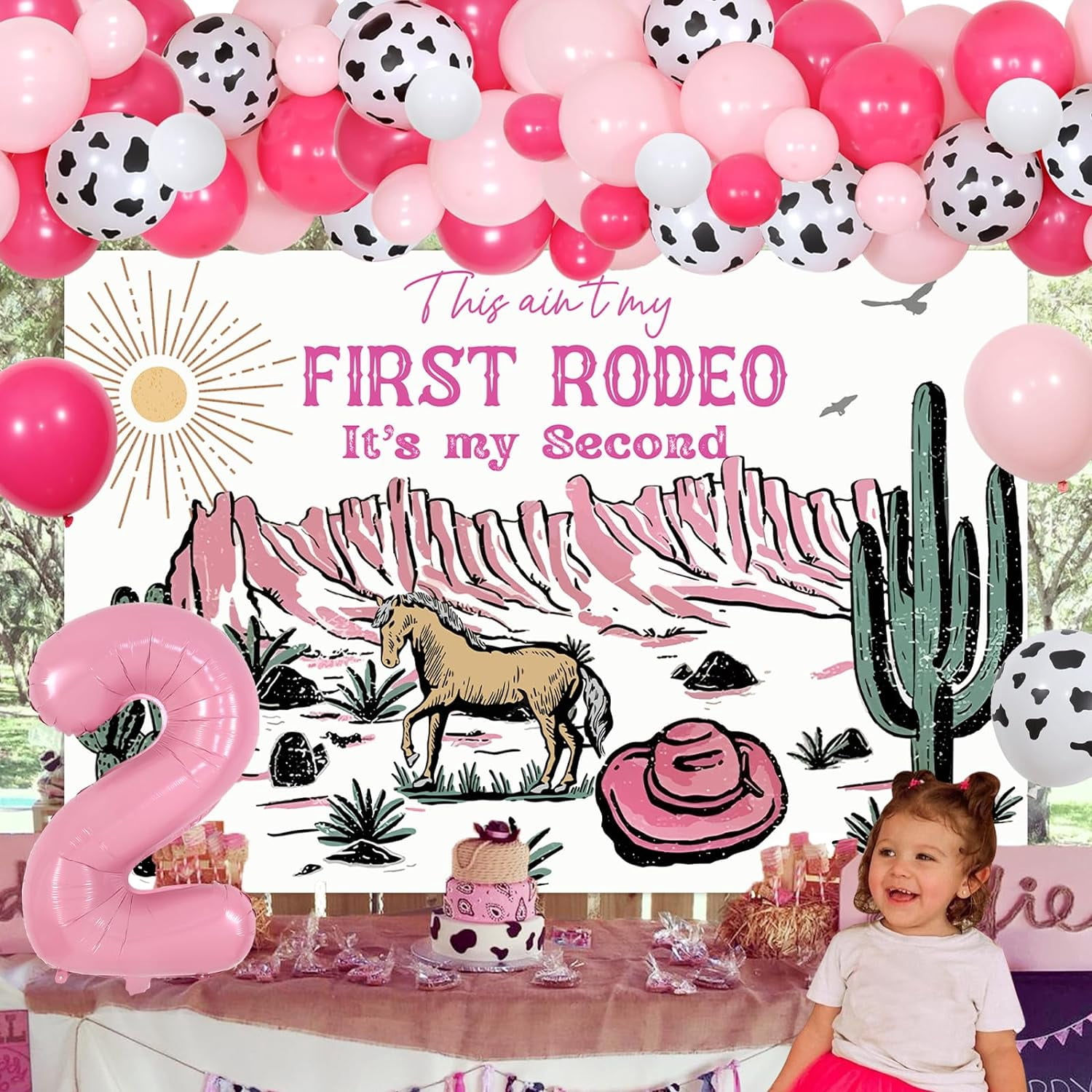 Cowgirl 2nd Birthday Decorations This ain't My First Rodeo Its My Second Backdrop Banner Pink Cow Balloon Arch Kit Number 2 Foil Balloon for Western Cowgirl 2nd Wild West Second Birthday