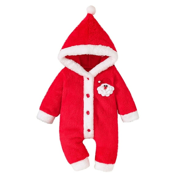 Favoffer Baby Christmas Hooded Jumpsuit Long Sleeve Velvet Warm One-Piece with Santa Print Infant Homewear Travel Outfit for 0-18 Months
