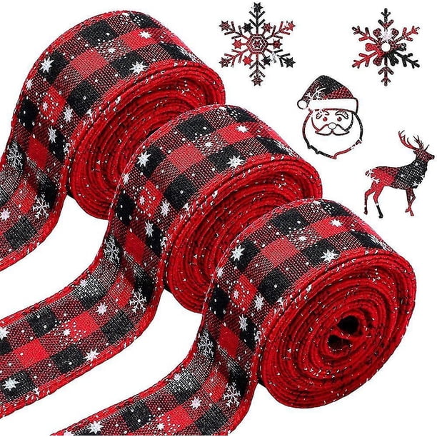 Cinta de cuadros vichy grandes con copos de nieve navideños, 10 yardas, cinta con borde cableado, cinta de arpillera a cuadros negra y roja, arpillera a cuadros navideños