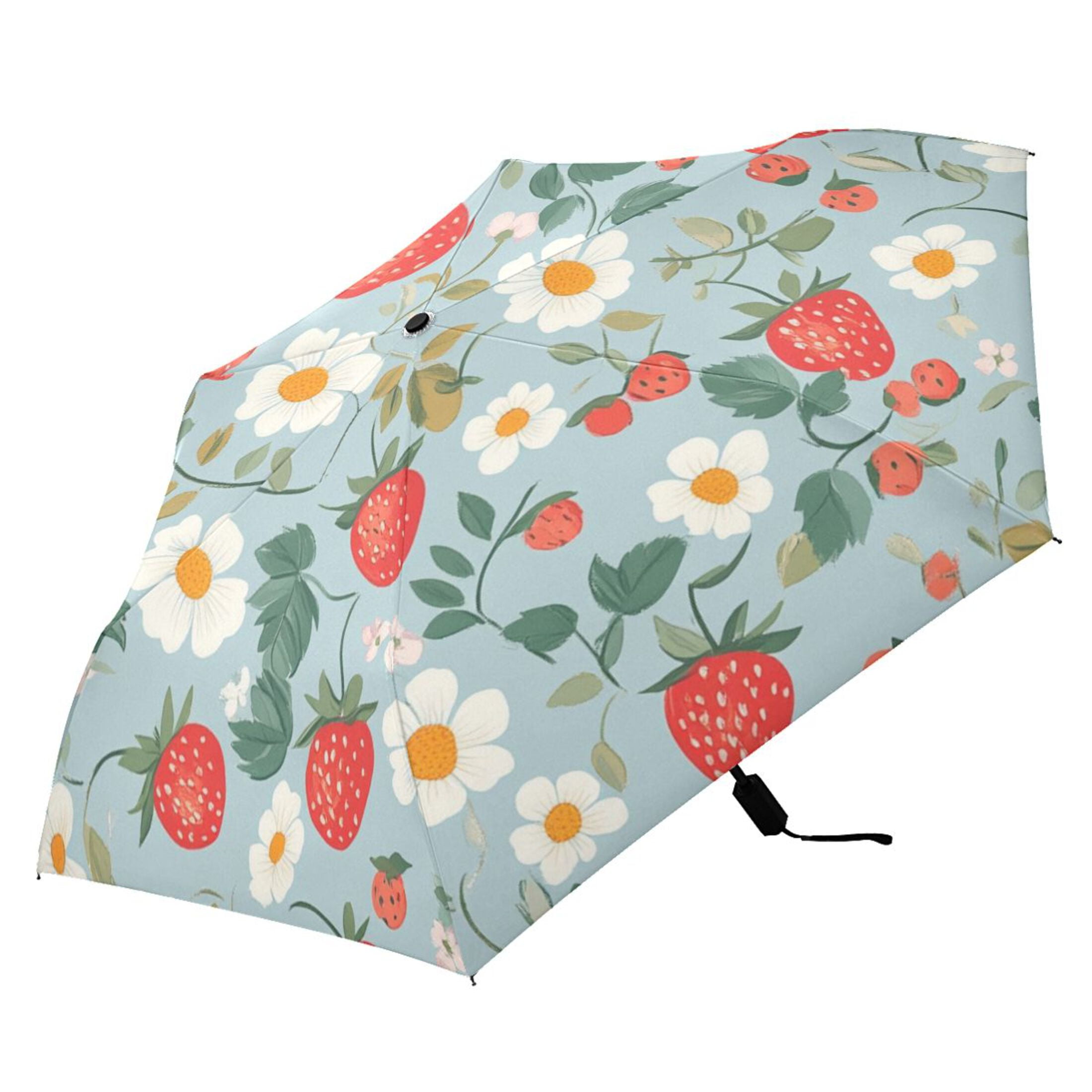 Strawberries and Strawberries Flowers Leaves Cute All Weather Umbrella Triple Folding Parasol 6 Ribs UV Protection Portable