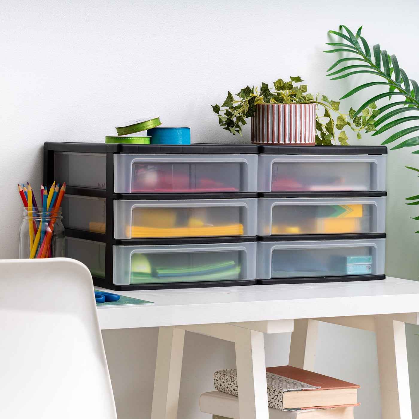 IRIS Medium 3-Drawer Stacking Desktop Organizer, Plastic Drawer Storage Container for Stationery Art Craft, 2Pk