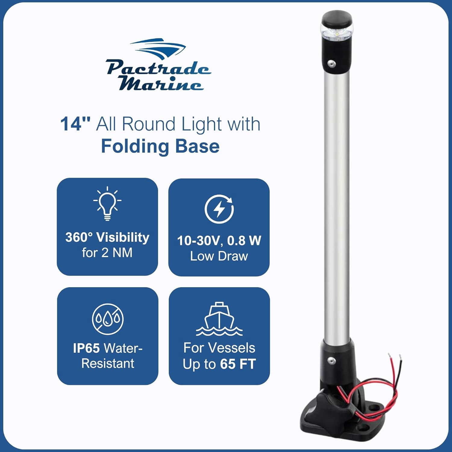 Pactrade Marine Navigation Lights for Boats LED - 14 Inch All-Round Stern Light (Folding Base, Surface Mount) for Night Boating - 52-Lumen Pontoon, Kayak, Jon Boat Accessories (DC10-30V)