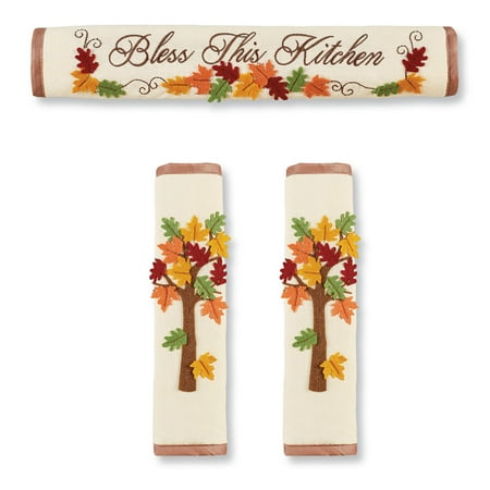 Handle Cover Set - Bless this Kitchen 2 Refrigerator and 1 Oven Handle Cover Set, Fall Leaves Home Décor, 3 Pc