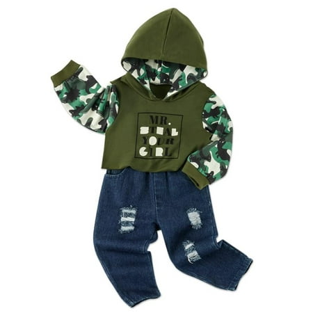 

GYRATEDREAM Toddler Baby Boy Outfits Clothes Long Sleeve Hoodie Sweatshirt Top Ripped Denim Pants 2-Pack Boy Clothing Set