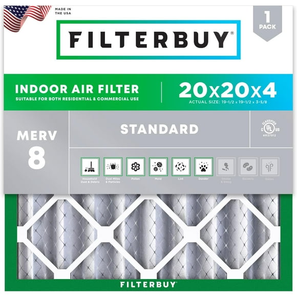 Filterbuy 20x20x4 MERV 8 (MPR 600) Dust Defense, Pleated HVAC AC Furnace Air Filters (1-Pack)