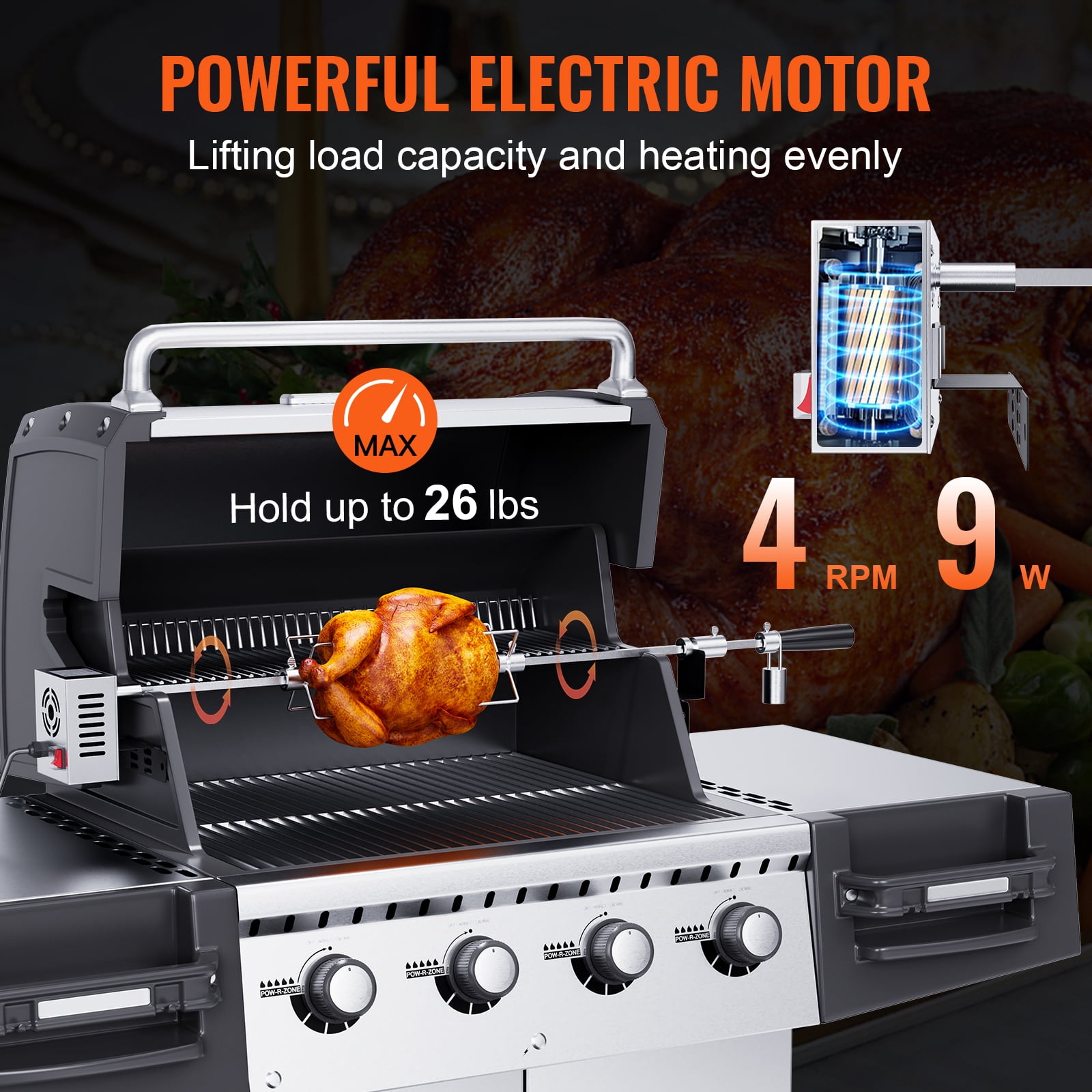 SKYSHALO Universal Grill Rotisserie Kit BBQ Roaster 32"/39" Spit Rod Electric Motor