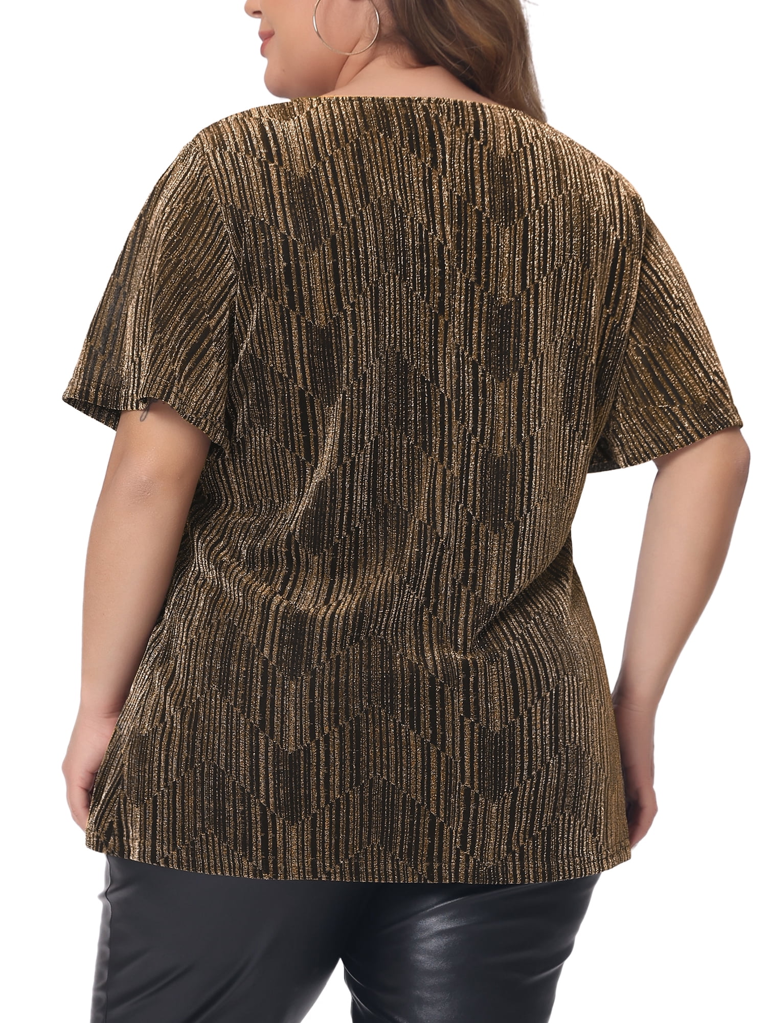 Women's Plus Metallic Tops V Neck Short Sleeve T-Shirt Party Top Glitter Blouses 5X Gold