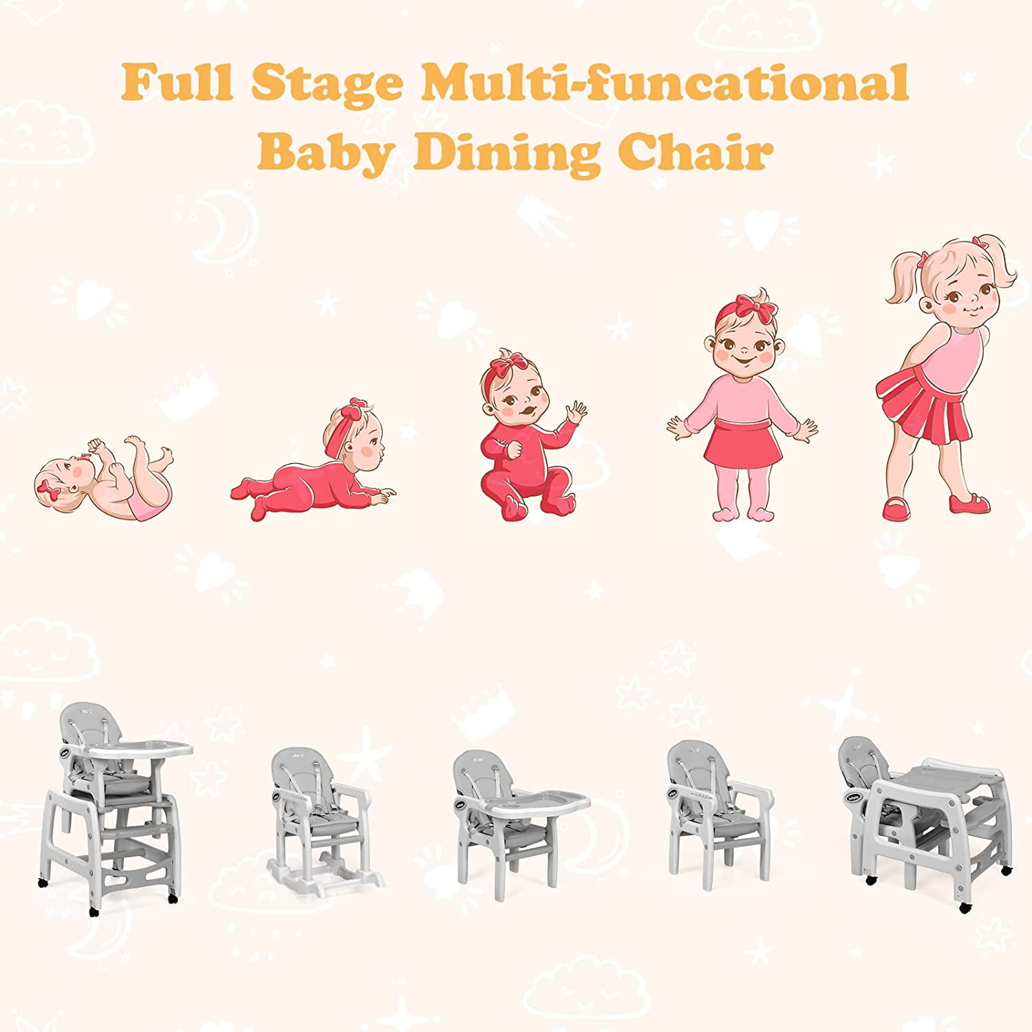 INFANS 5 in 1 Baby High Chair, Convertible Toddler Table Chair Set, Rocking Chair, Multi-Function Seat with Lockable Universal Wheels, Adjustable Seat Back, Removable Trays