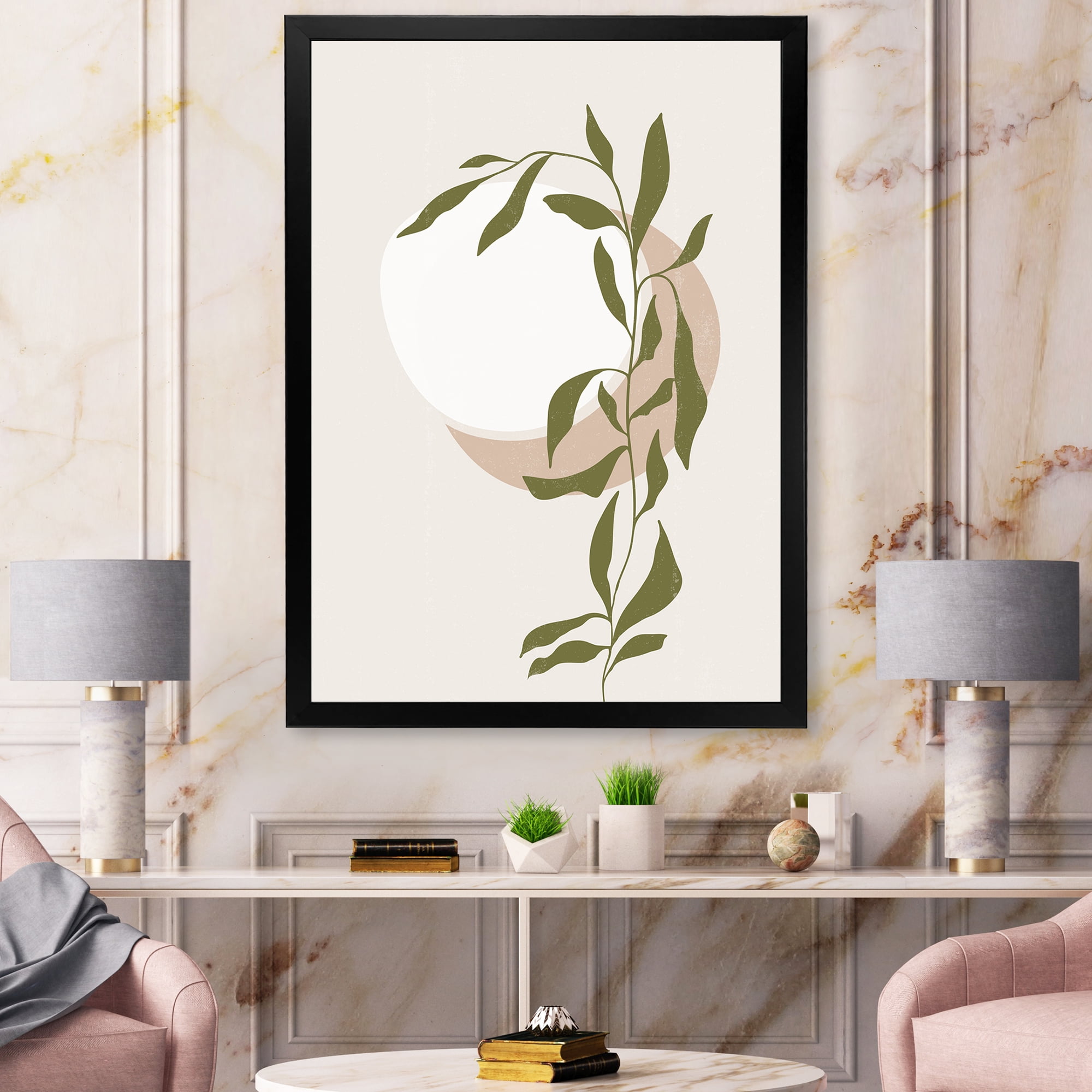 Designart 'Abstract Moon and Sun With Green Leaf III' Modern Framed Art Print