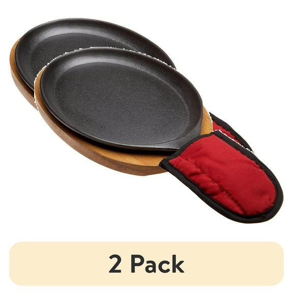 (2 pack) Fajita Plate Set - Pre-seasoned Cast Iron Fajita Pan with Wooden Tray and Hot Mitt by Old Mountain