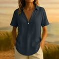 thumbnail image 2 of hotojiny Women Linen Shirts V Neck Short Sleeve Blouse Lightweight Curved Hem Casual Tops Beach Vaction Summer Outfits, 2 of 6