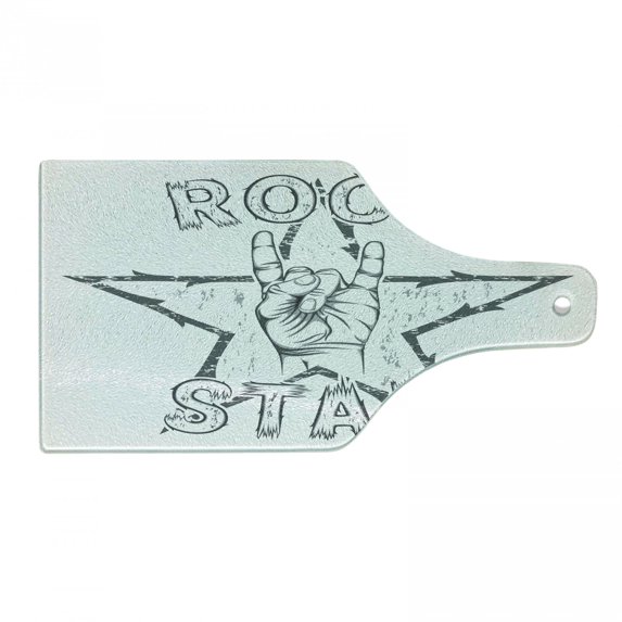 Popstar Party Cutting Board, Rock Star Theme High Sign and Star Grungy Sketch Gesture Vintage, Decorative Tempered Glass Cutting and Serving Board, Wine Bottle Shape, Black and White, by Ambesonne