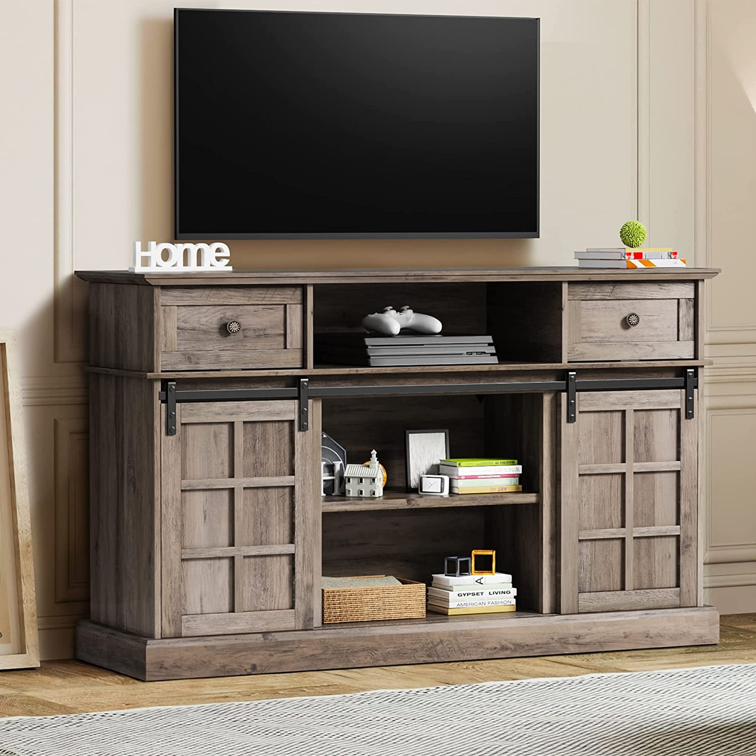 LGHM TV Stand, Modern Farmhouse Barn Door Wood TV Console for TVs up to