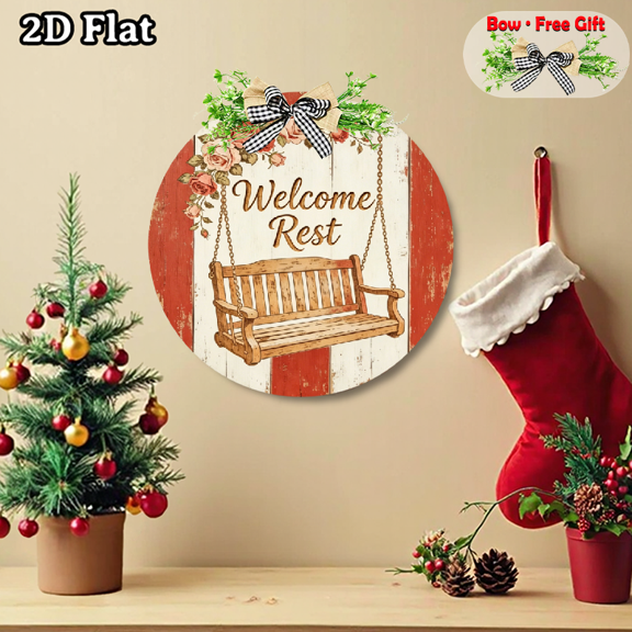 A circular wooden sign, themed "Welcome Rest". Beautiful hanging ornaments, can be hung anywhere in the home. Free bow included. 2D flat graphic. Size: 12 * 12 inches.