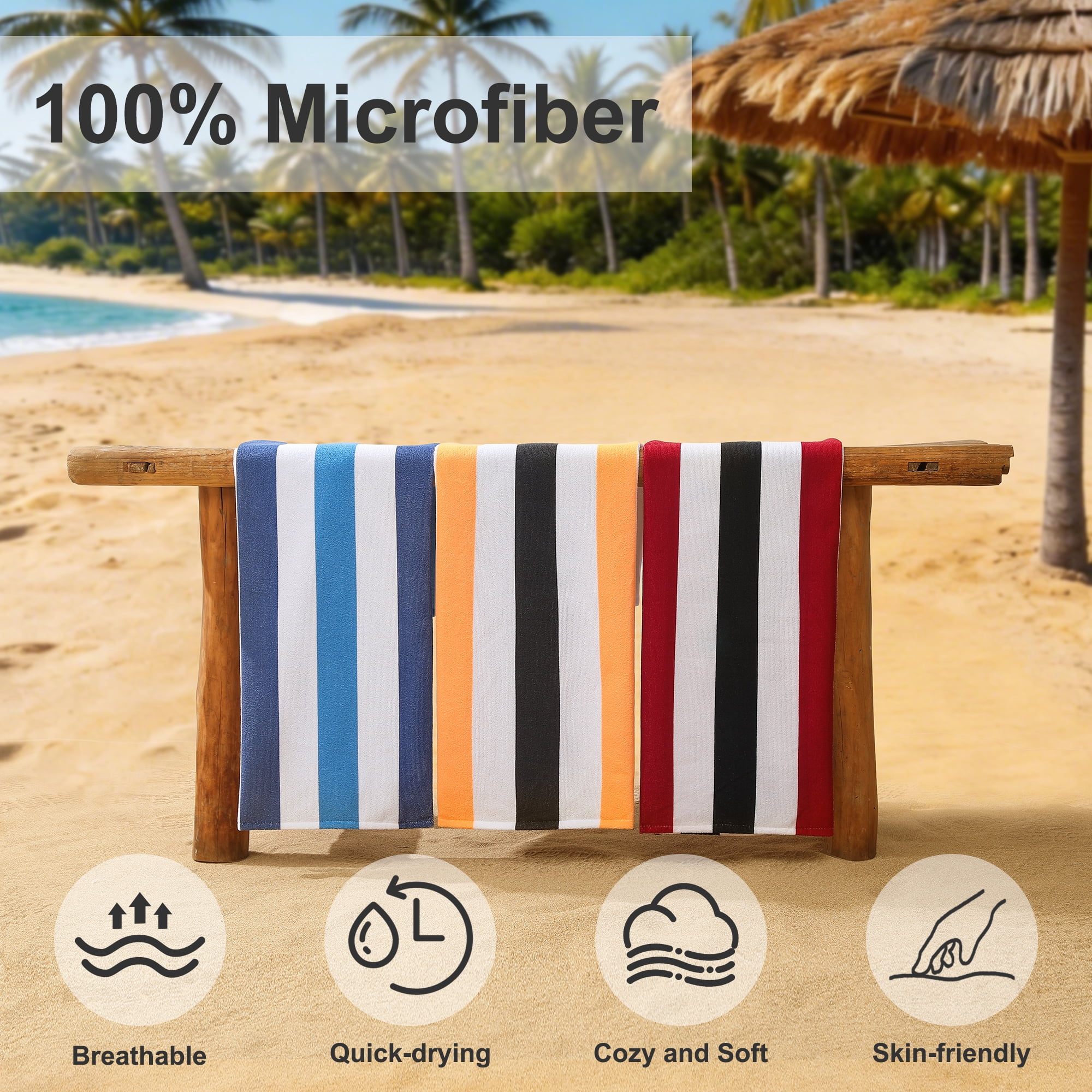 Smuge 4 Pack Cabana Stripe Beach Towels, 60x30 inches Microfiber Lightweight Outdoor Large Swim Towel for Adults (Navy Blue)