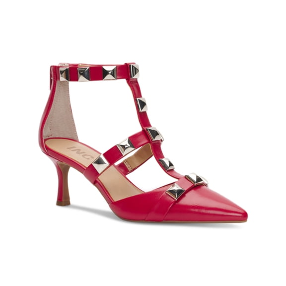 INC Womens Red Studded Gilana Pointed Toe Kitten Heel Buckle Dress Heeled Sandal 7.5 M