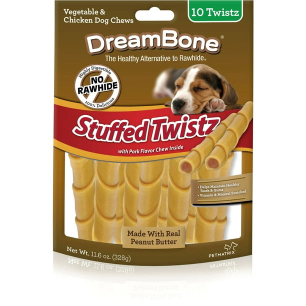 DreamBone Stuffed Twistz with Peanut Butter RawhideFree Dog Chews, 11.