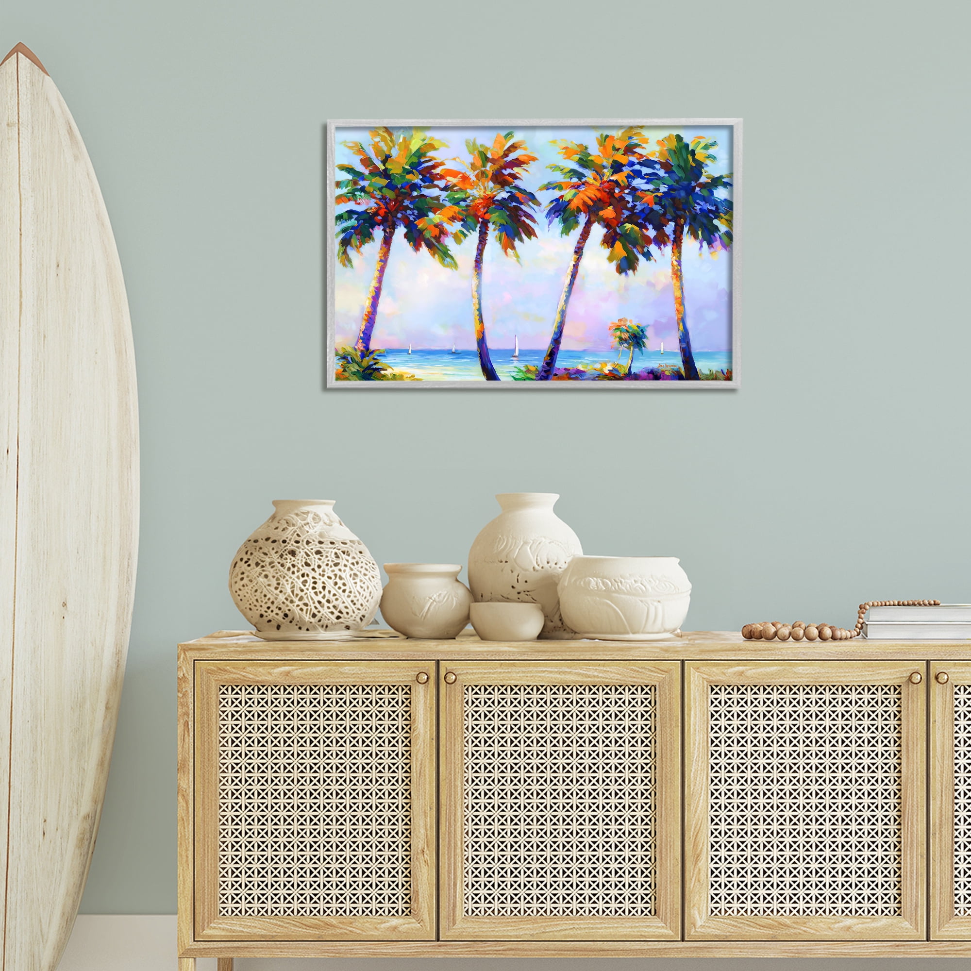 Stupell Industries Palm Trees in Sun Warmth Landscape Painting Gray Framed Art Print Wall Art, 30 x 20