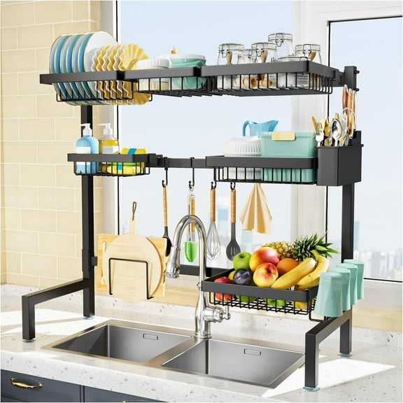 Baskets Over The Sink Dish Drying Rack, Extendable Large Capacity Sink Rack, Metal Drying Rack Saving Space,for Most Sinks