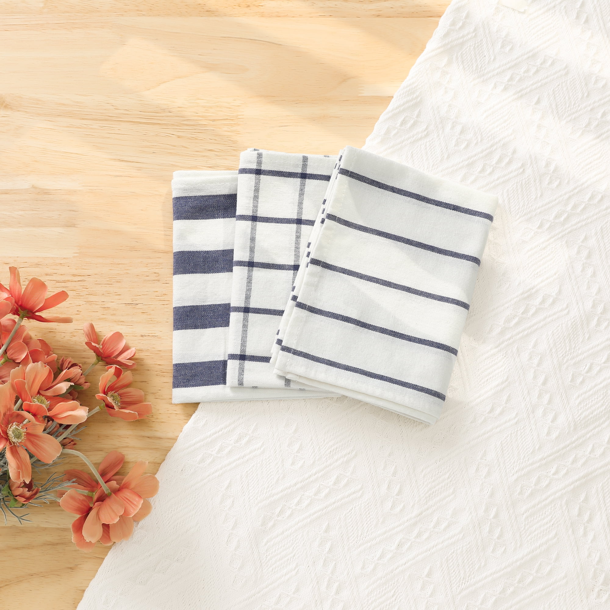 Unique Bargains Cotton Hand Towels Absorbent Lint Free Dish Kitchen Towels 24 x 16 Inch Blue Pinstriped 2pk