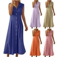 thumbnail image 1 of Women's Summer Sleeveless Button Down Cotton Tank Dress Solid Color Causal Loose A-Line Tiered Tunic Beach Dress Blue, 1 of 7