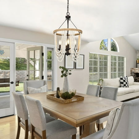 

Renia Farmhouse 4-light Wood Beaded Chandelier Rustic Hemp Rope Basket Coastal Ceiling Lights