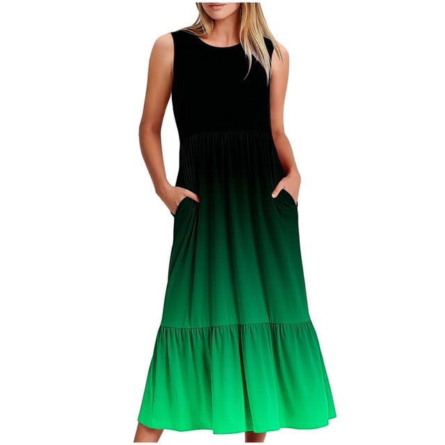 Dvkptbk Summer Robes Décontractées de Plage pour Femmes 2024 Mode Robe Dégradée Robe Midi Sans Manches Robe Évasée Robe Débardeur Robe d'Été Plissée Robe Débardeur avec Poches