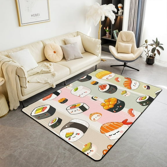 Cute Sushi Area Rug,Japanese Sashimi Food Indoor Floor Mat Entrance Rug,Geometric Colorful Stripes Patchwork Non Slip Rug,Black White Chairs Couch Living Room Decor 4x6ft
