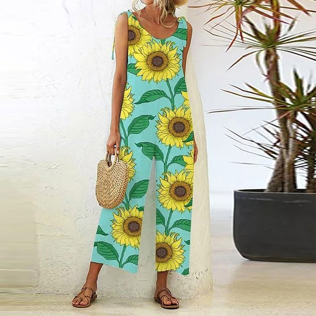 SMihono Pantalons en Lin pour Femmes Mode Grande Taille Décontractée Ample Mode Été Sexy Sans Manches Imprimé Floral Pantalons Larges Combinaisons Pantalons Larges Femmes, jusqu'à 65 % de Réduction!