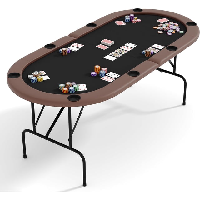 8 Player Oval Poker Game Table, 71" Poker Tables with Collapsible Legs, Padded Rails & Cup Holders, Portable Poker Table for Texas Holdem Poker and Blackjack, Brown