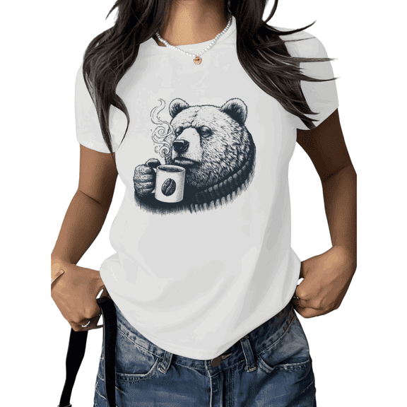 White Print Tshirt Graphic Tees Shirts Bear Coffee Aesthetic Casual S 5XL Tops